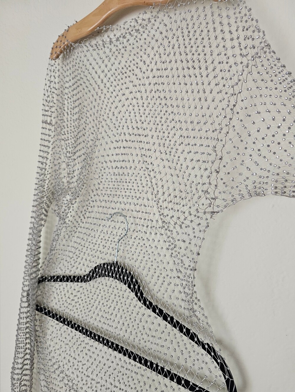 silver rhinestone embellished sheer long-sleeve mesh dress. - Picture 6 of 8